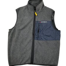 Polo Jeans Vest Men Large Blue Gray Fleece Full Zip Tuckable Hood Hong Kong VTG