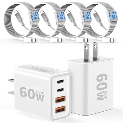 2 Pack USB Charger Block 60W, 4-Port GaN5 Super Fast Charger, Charging Block ...