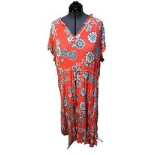 Sonoma Womens Plus Sz 4X Short Sleeve Tiered Maxi Dress Orange Blue White Floral