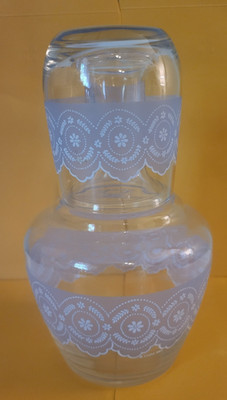 Italian Egizia Glass Tumble Up Bedside Carafe & Glass White & Blue Lace Pattern