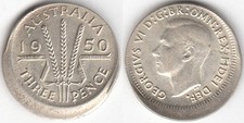 Australia MAJOR MIS-STRIKE 1950 George VI Threepence. Wheat Sheaves Type.. RARE