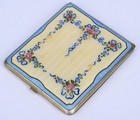 Vintage Guilloche Enamel Cigarette Case Floral Cream Blue 3.5