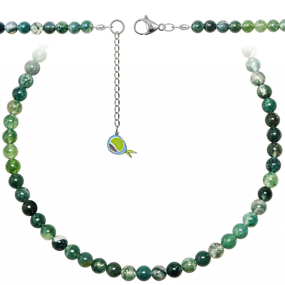 Collier en agate mousse naturelle maille de perles rondes 6 mm et longueur 60 cm
