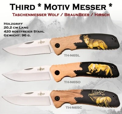 THIRD KaSul® | Wolf - Braun Beer - Hirsch Motiv Taschenmesser Holzgriff 20,2cm Messer
