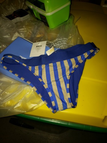 DVF Diane Von Furstenberg Bikini Bottom Swimsuit Banded Briefs NWT S Blue Gold - Picture 3 of 4