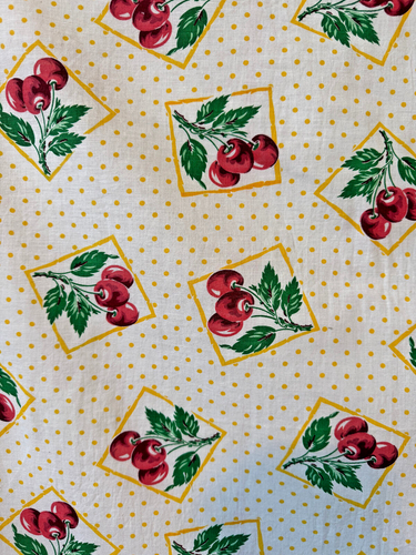 Vintage Older Feed Sack Fabric of Cherries on Yellow Polka Dot