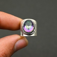 Mystic Topaz Natural Round Gemstone Solid 925 Sterling Silver Ring For Him G136