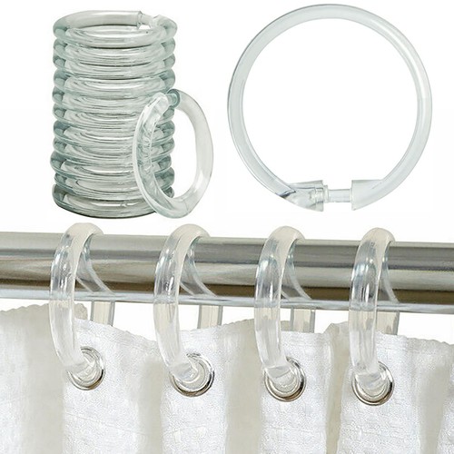 12 Pc Clear Plastic Curtain Rings Round Shower Rod Bathroom Shades Drapes Hooks