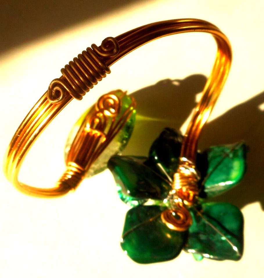 Artisan Gold Wire Green Crystal Glass Bead Shell Flower Wrap Bracelet - Image 3 of 4