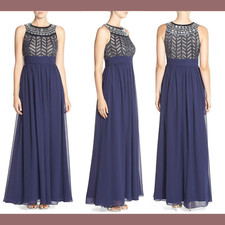 NWT JS Collections Halter Embellished Chiffon Gown in Navy Blue SZ 6 M62
