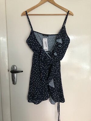 Boohoo Petite Polka Dot Strappy Wrap Dress Blue 12 BNWT