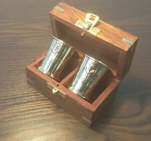 Solid Brass Wooden Maritime Nautical Liquor Shot Glasses Set Wood Box w/ Latch