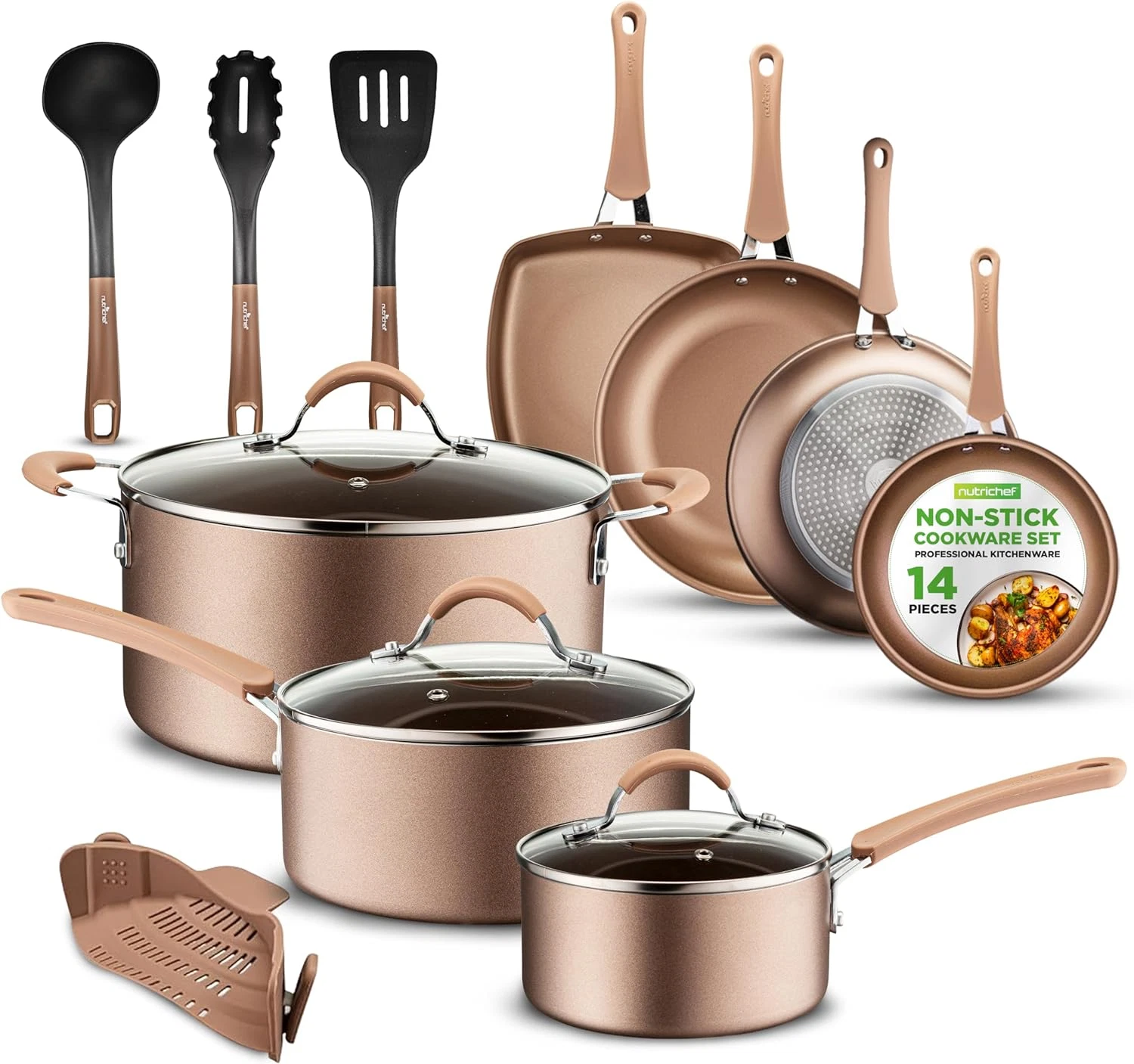 14-Piece Nonstick Cookware Pfoa/Pfos-Free Heat Resistant Lacquer Kitchen Ware Se