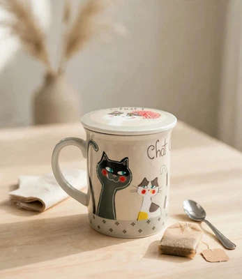 FoxTrot tisanière céramique grise motifs chat avec sa passoire métal - Photo 1/4