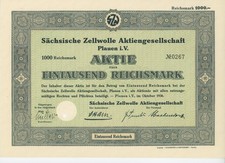 Akcje 1000 RM 1936 Saksońska wełna komórkowa AG Plauen i. V nr 0267