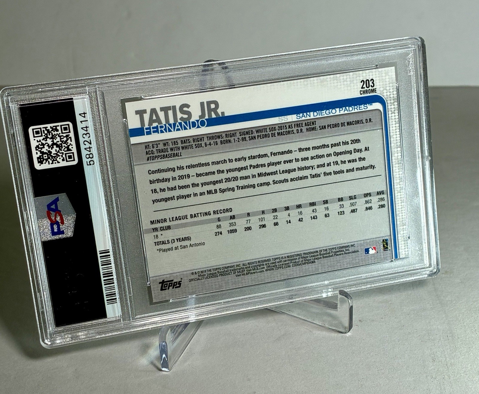 Fernando Tatis, Jr. 2019 Topps Chrome Rookie Card #203- PSA Graded 10 Gem Mint view 7