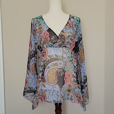 Vtg Babydoll Top Size M Fairy Y2K Floral Sheer Bell Sleeve Flowly Sequins READ
