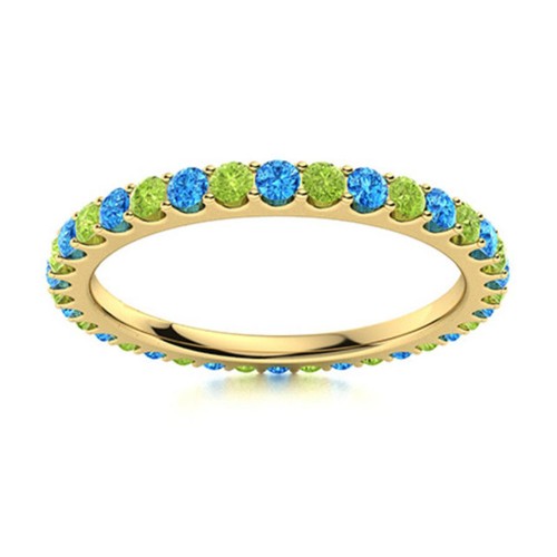 Full Eternity Round Peridot & Swiss Blue Topaz 925 Silver Gold Plated Women Ring