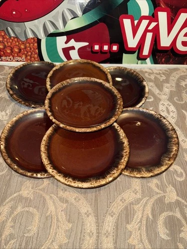 7 Vintage Hull Pottery Oven Proof 6 3/4" Bread & Butter Plates Brown Drip