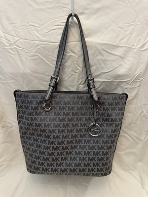 Michael Kors Gray/Black MK Logo Monogram Tote Shoulder Bag Silver Hardware Charm