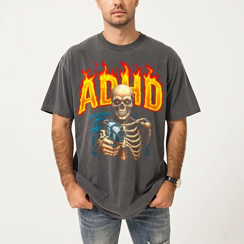 Camisa de gran tamaño con TDAH, divertida camiseta esqueleto para hombre y mujer, camiseta gráfica vintage - Imagen 4 de 9