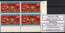 [73.685] Rwanda 1964 Panther good Error Invert ovpt block 4 MNH VF stamps