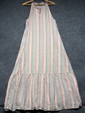 Nine West Women's Teired Peansant Maxi Dress XL Linen Blend Vertical Stripes Sun