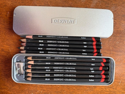 11 Derwent Charcoal Pencils - Metal Tin Case - Sharpener, Light, Medium, Dark