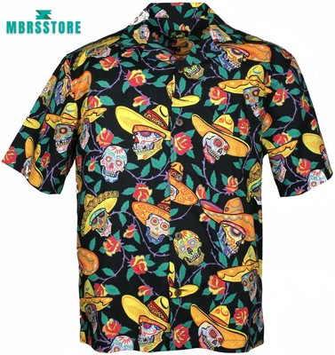 Benny8217s Sugar Skulls Day Of The Dead Camp Button Down Skull Hawaiian Shirt