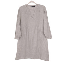 Tahari womens L linen dress 3/4 sleeve peasant prairie coastal pockets green