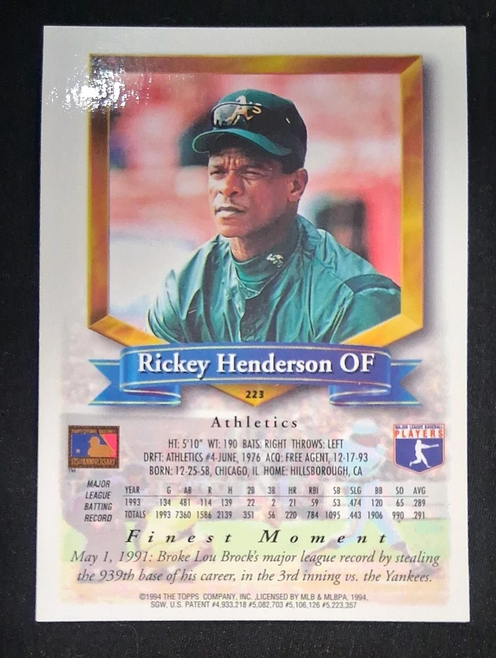 1994 TOPPS FINEST REFRACTOR RICKEY HENDERSON  - Image 2 of 2