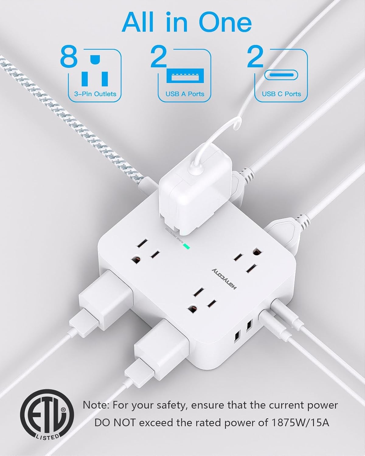 Surge Protector Power Strip - HANYCONY 8 Outlets 4 USB (2 USB C) Charging Ports