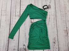 Pretty Little Thing Green One Sleeve Waist Cut Out Ruched Bodycon Dress US Sz 2