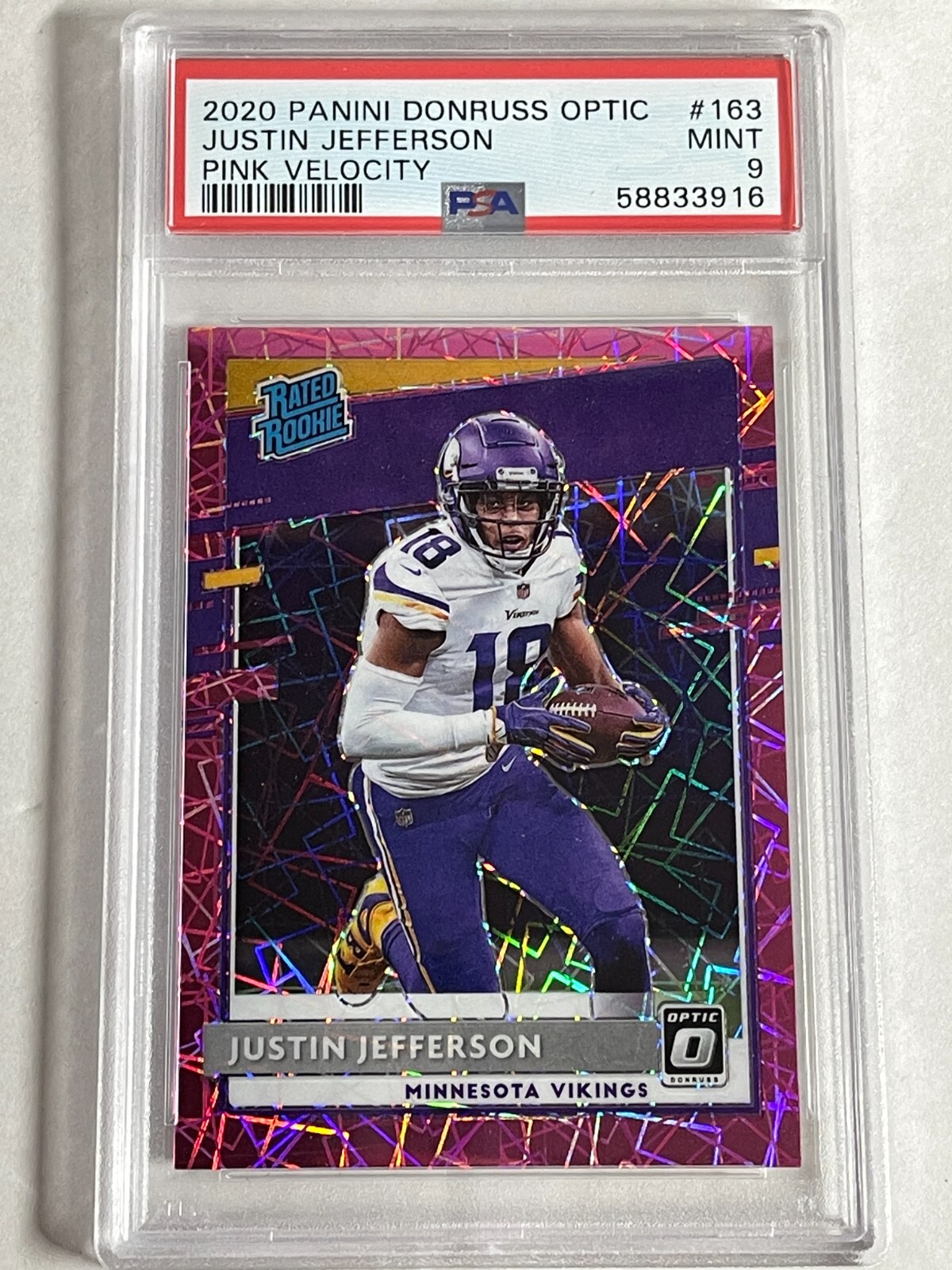 Justin Jefferson 2020 Donruss Optic Rated Rookie /79 Prizm Pink Velocity PSA 9