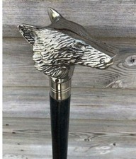 Antique Chrome Wolf Head Handle Vintage Wooden Inlay Cane Walking Stick Gift New