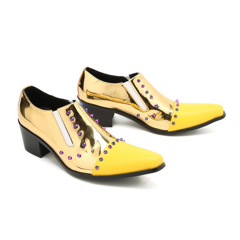 SAOLA Scarpe uomo pelle a punta eleganti business rivetto slip on tacco a blocco giallo nuove