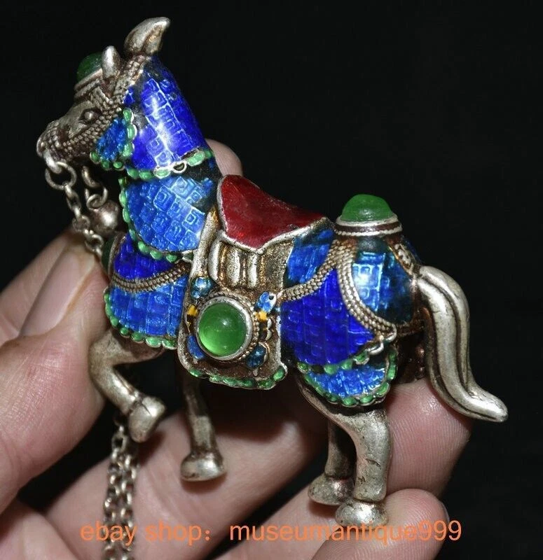 3.6" Old Chinese Silver Cloisonne inlay Green jade Fengshui Animal horse statue - Image 3 of 4