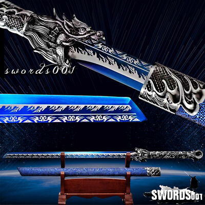 #ad Handmade Wolf Sword Cool Blue Straight Carbon Steel Blade Chinese Tang Dao $170.00
