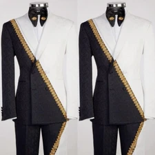 Jacquard Men's Suit Black&White Wedding Gold Beaded 2Pcs Party Prom Jakcet Pants