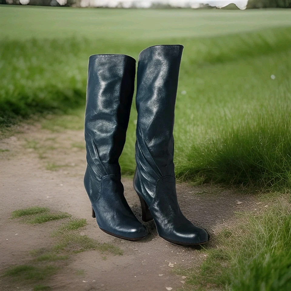 CHIE MIHARA VINTAGE GENUINE LEATHER BOOTS WOMEN'S SIZE 36 Spain Calf Knee Teal  - Image 2 of 4