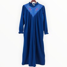 Vintage Cachet Robe Royal Blue Fleece Zipper House Coat Embroidered Size M L
