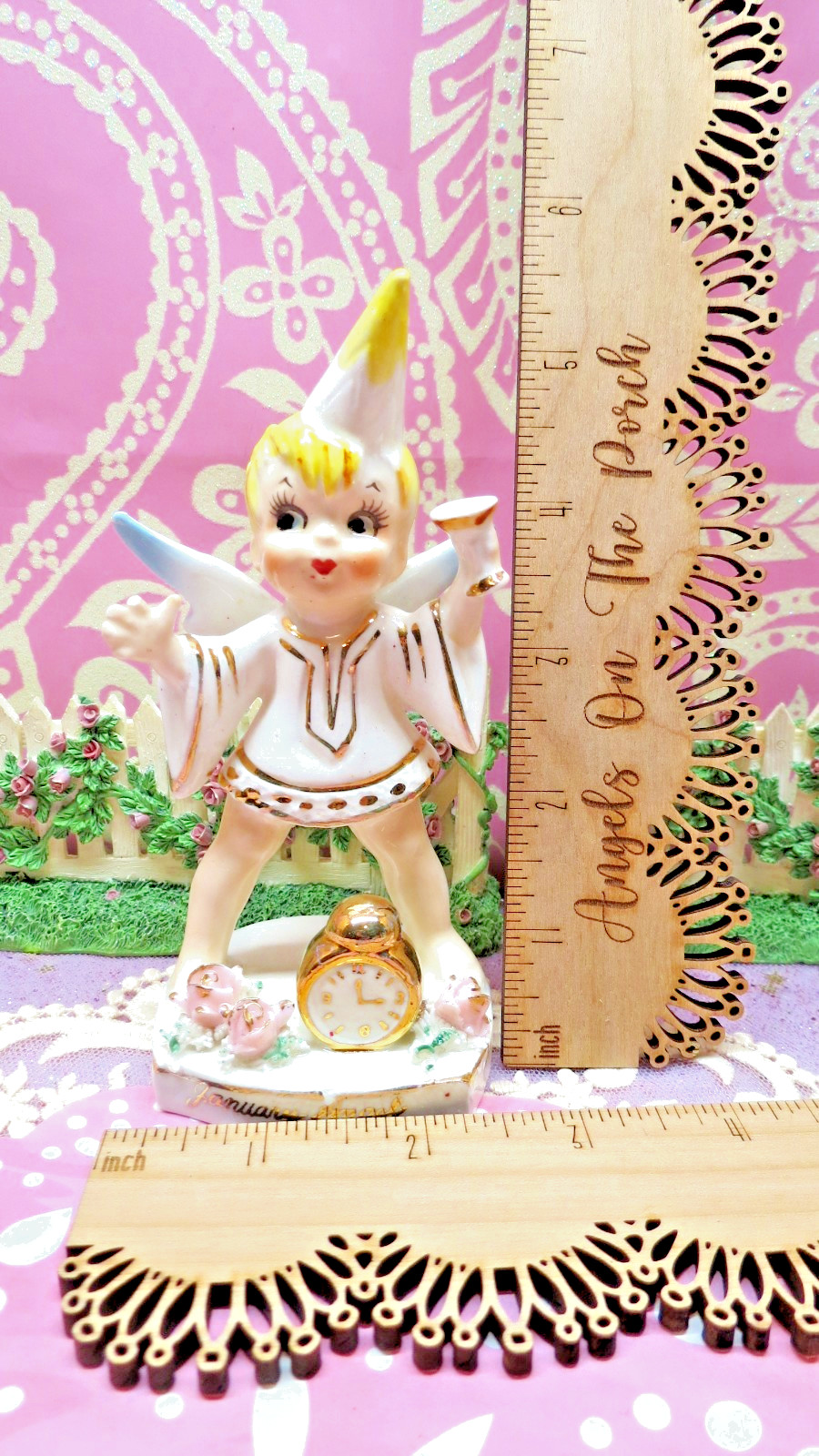 Vtg Lefton January New Years Party Angel BOY GOLD ALARM CLOCK Party HAT Roses