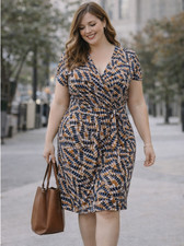 Nine West Women's Geometric Faux Wrap Midi Dress Size M Belted Stretch Office
