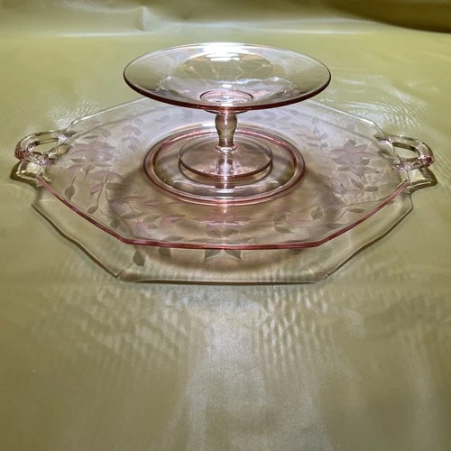 Vintage Pink/Cherry Blossom Depression Glass Octagon Cheese And Cracker Plate