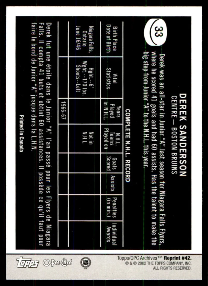 2001-02 Topps / O-Pee-Chee Archives Derek Sanderson #42 - Image 2 of 2