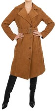 Women's Fine Goat Suede Long Trench Coat Below Knee Length, Belted Waist Jacket