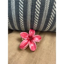 Zara Pink Plumeria Flower Hair Claw Clip Gold Tone Metal Tropical Enamel