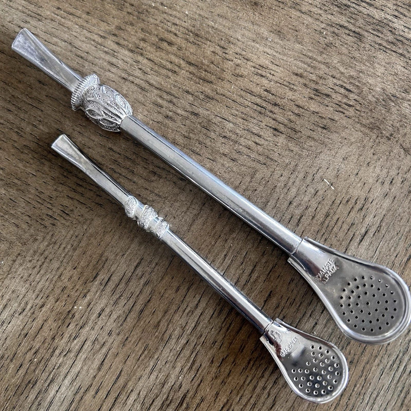 2 Yerba Mate ALPACA Vtg Bombilla Tea Spoons Straw Filter 7.7" 5.7" Garibaldi Bom