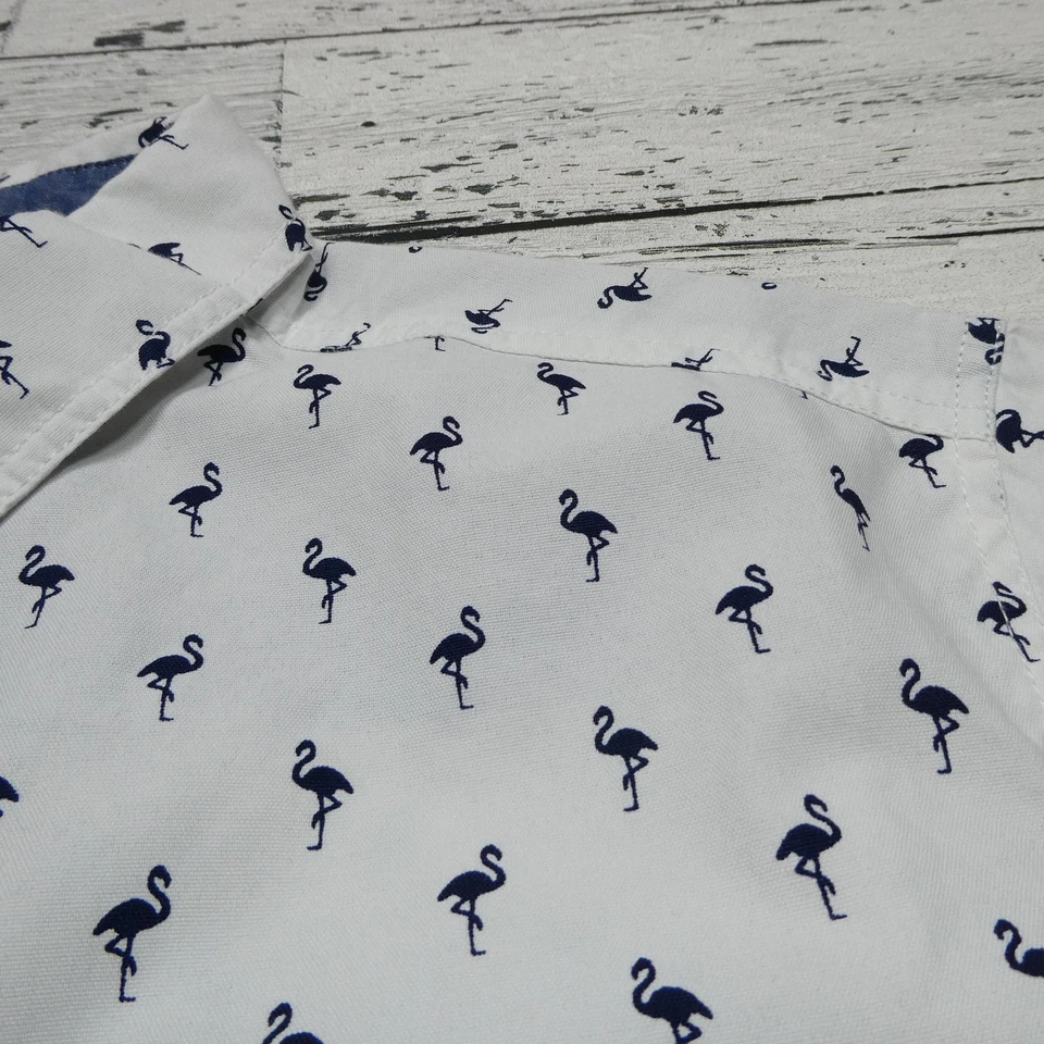 Free Planet Shirt Mens Large White Navy Flamingo Print Short Sleeve Button Up - Image 3 of 4