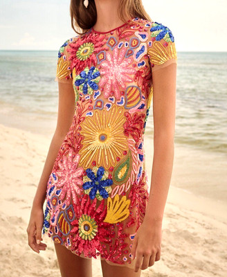 Naeem Khan Resort 2024 Bead Sequin Embroidered Floral Tulle Cocktail Dress US 4
